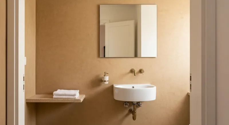 Baño con microcemento beige, lavabo blanco y grifería de latón en Sabadell