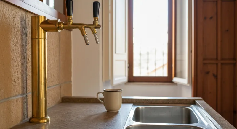 Encimera de microcemento en mini-cocina con grifo de latón en Sabadell